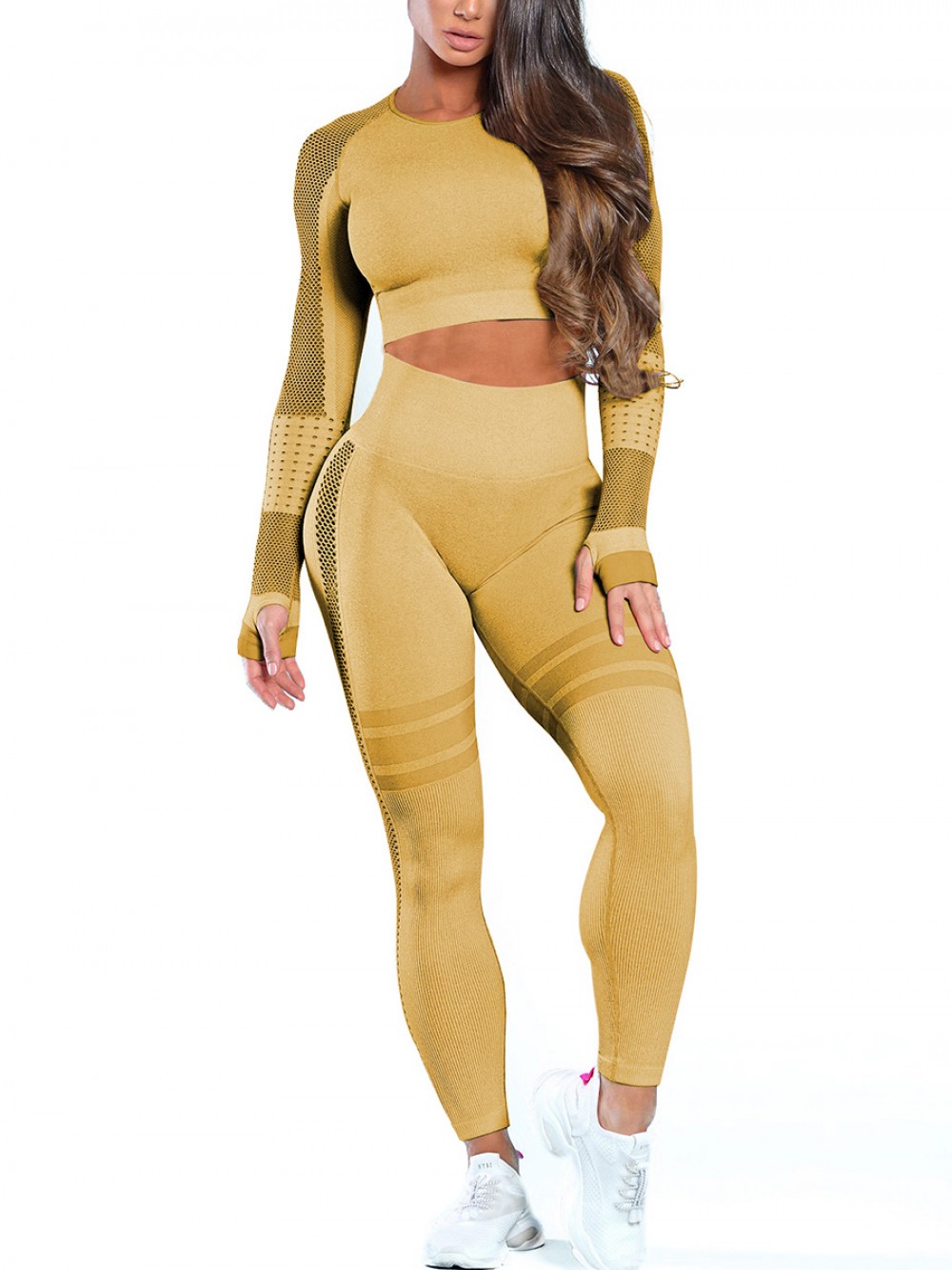 Yellow Solid Color Hollow Out Thumb Hole Sports Suit Ultra Cheap
